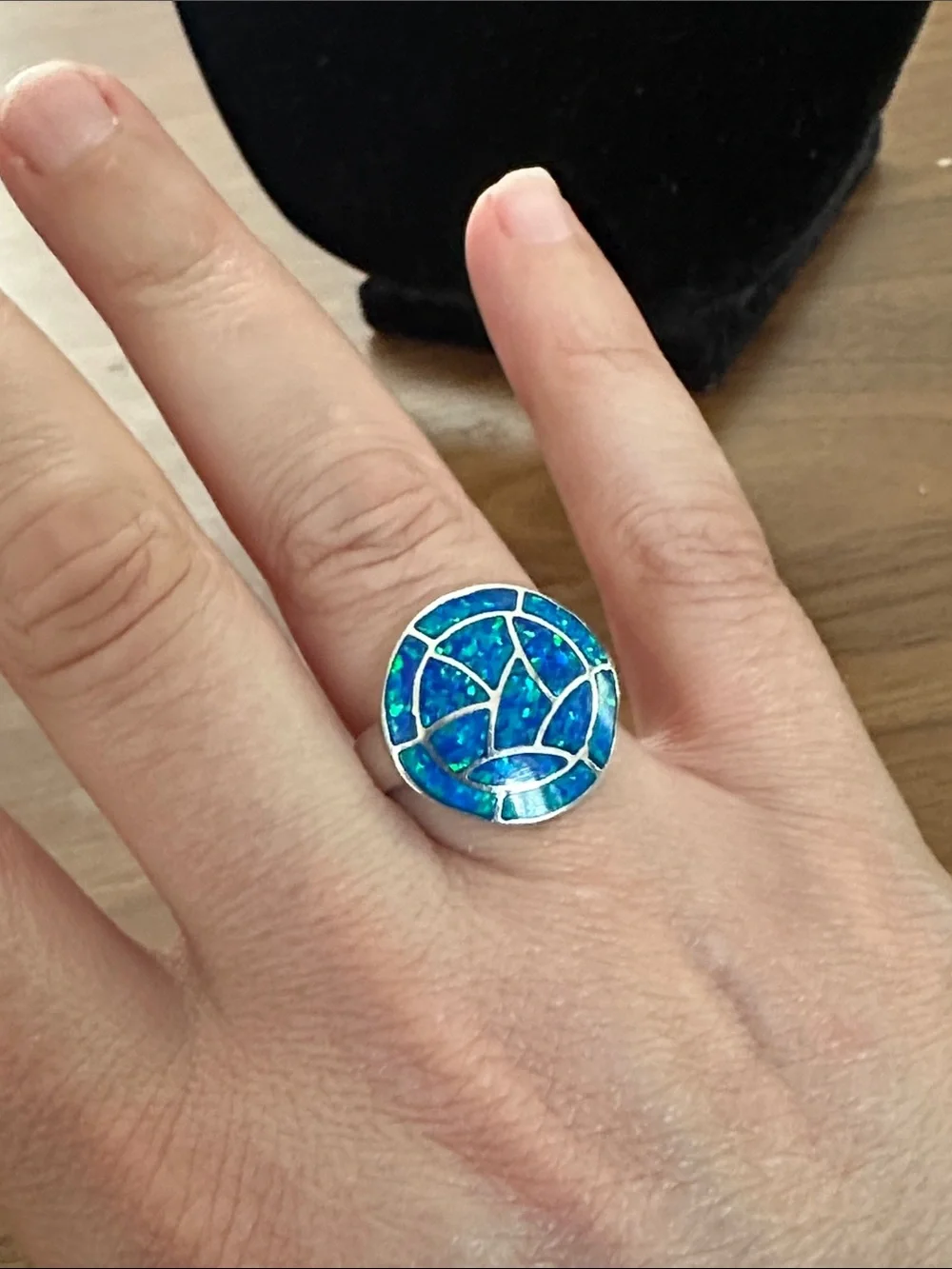 Blue Opal Mosaic Round Sterling Silver Ring